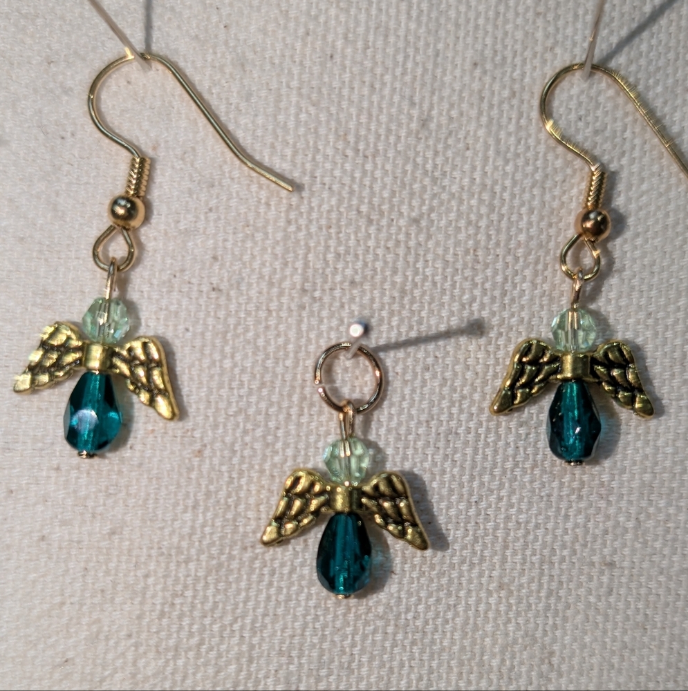 Handmade Gold-Tone Swarovski/Czech Glass Angel Earrings &Pendant Set